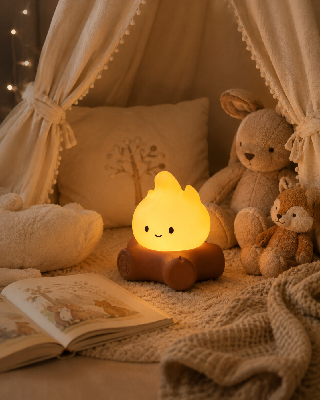 The night light glowing beside an open picture book and soft toys at bedtime