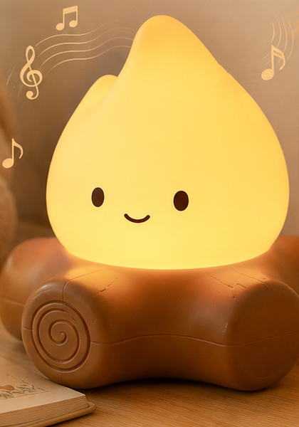 Front view of the campfire-shaped night light on its log base